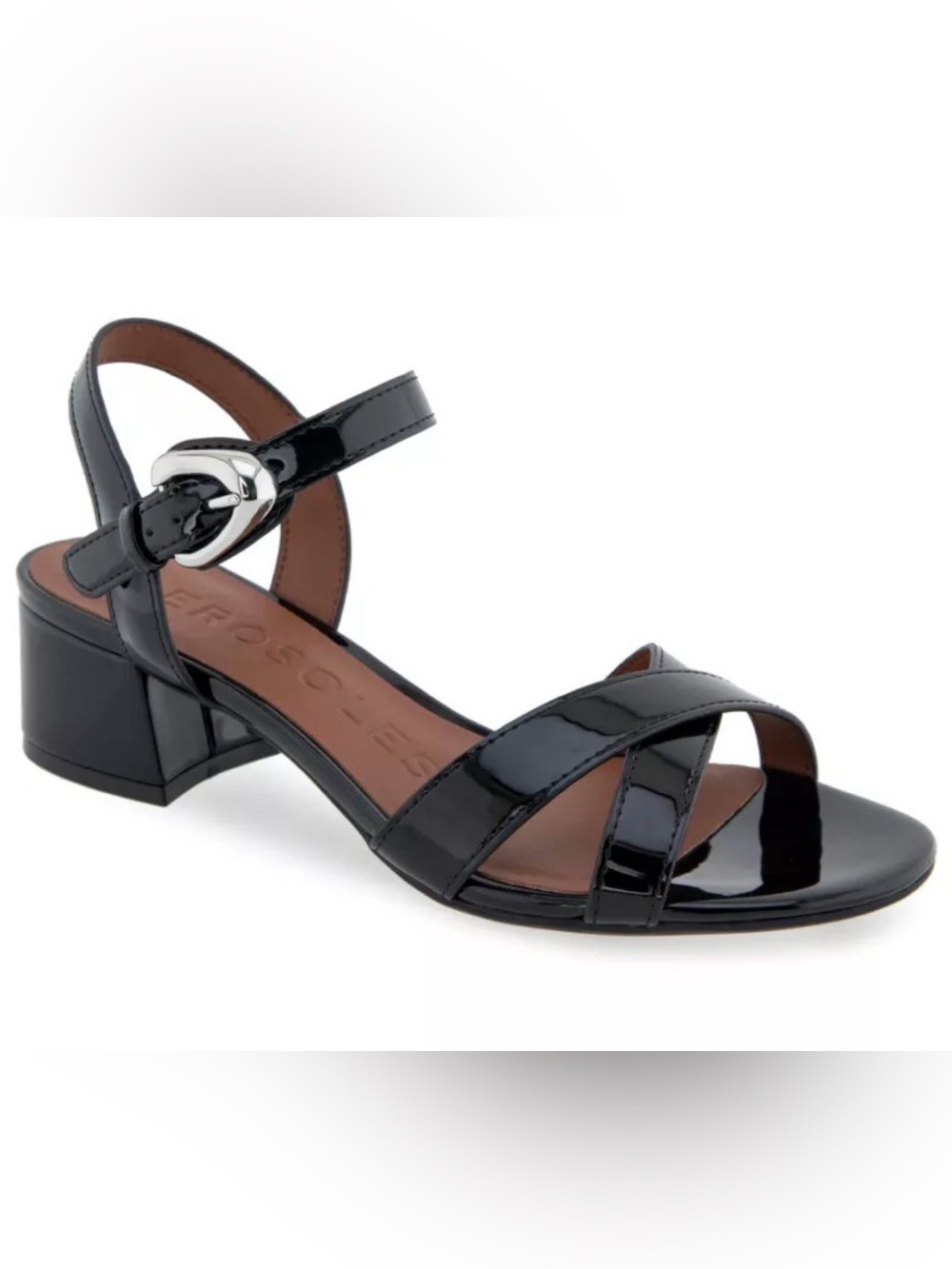 AEROSOLES Black Patent Low Block Heel Strappy Sandals